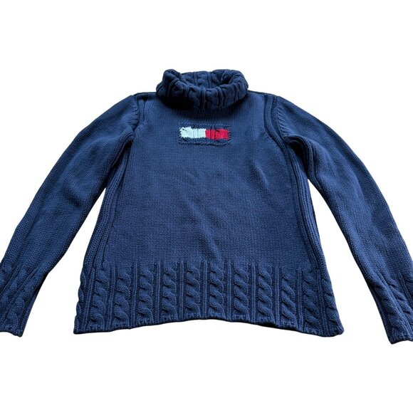 Vintage Tommy Hilfiger L Turtleneck Cable Knit Sweater Pullover Navy Cozycore - Picture 1 of 13